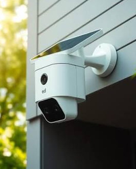 A solar powered security camera outside a house